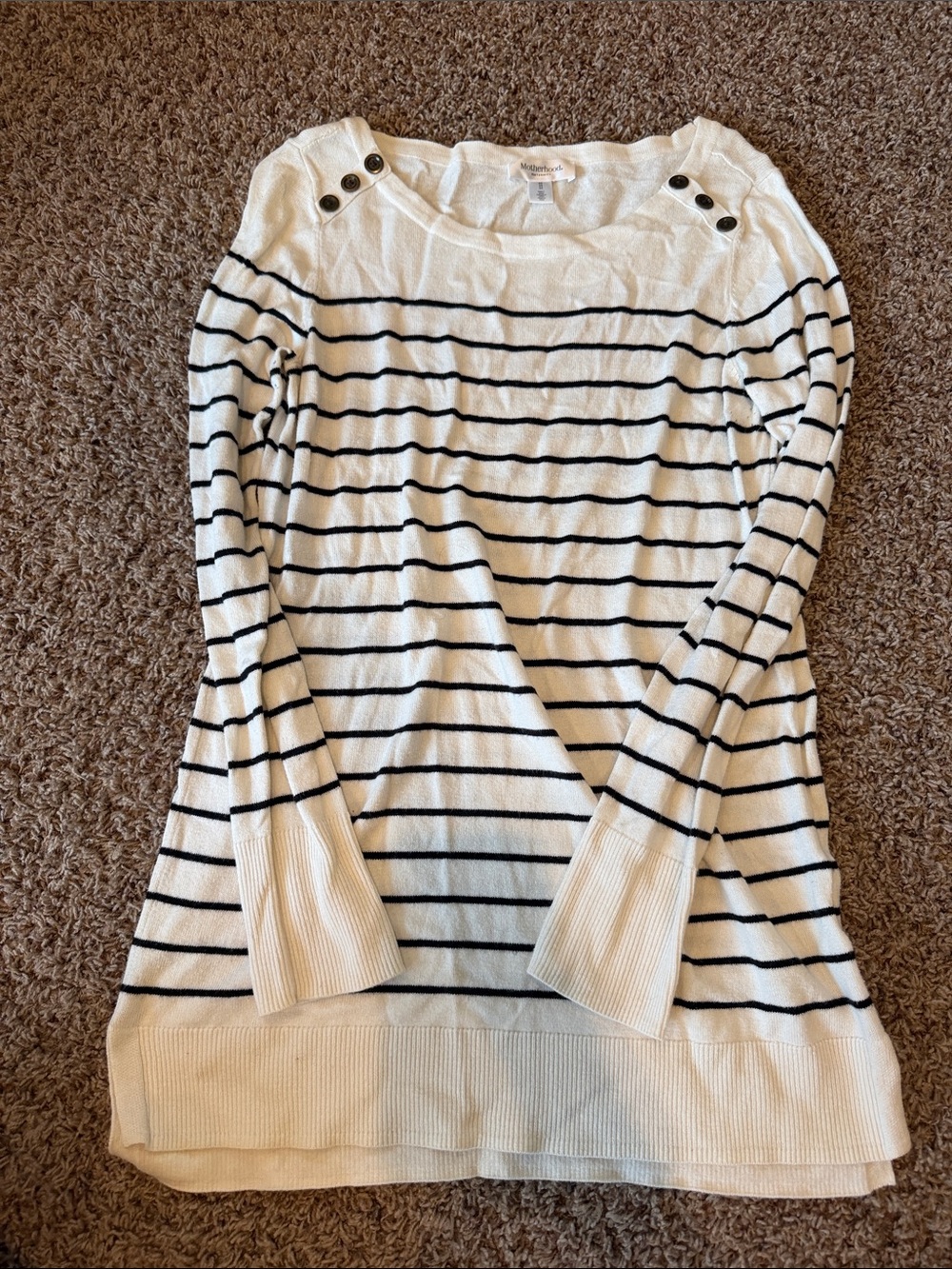 Striped White and Black Boatneck Sweater with Button Detail